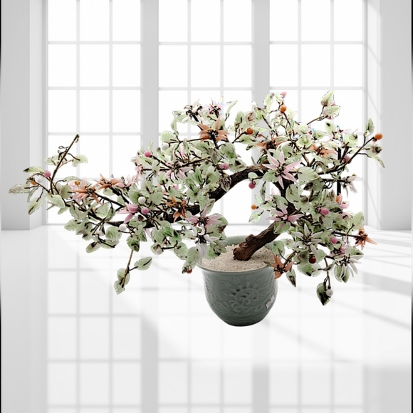 Bonsai Jade Tree Semi-Cascade Style with Pink White Salmon Glass